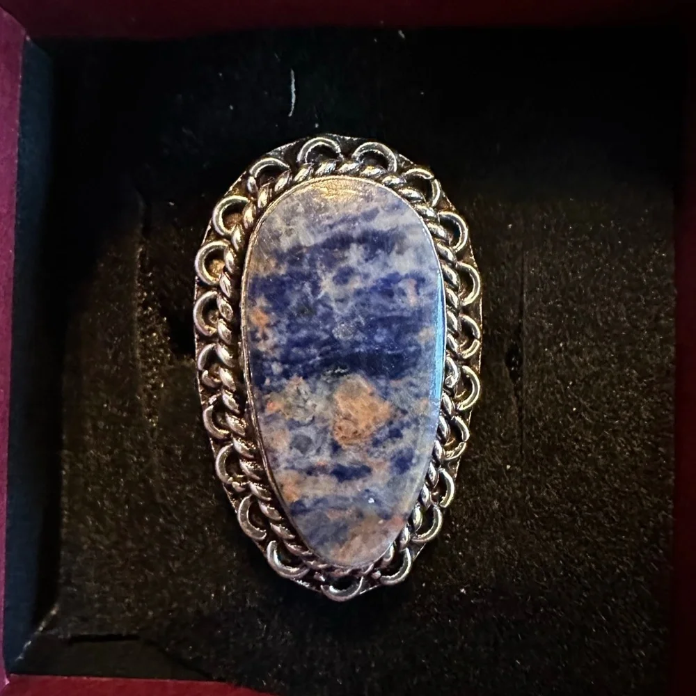 Blue Sodalite Teardrop Shape Stone Silver Plated Brass Adjustable Ring - Picture 2 of 10